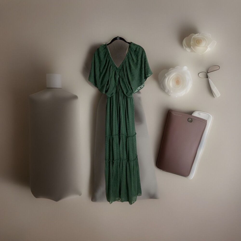 Anthropologie   Maxi Dress Green swiss dots lined open back  SZ L - Picture 2 of 16